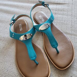 Michael Kors Blue and Brown Sandals with T-Strap Design